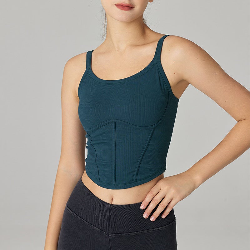 Retro Fishbone Line Naked Sense Yarn One-Piece Woven Fixed Chest Pad External Wear Yoga Fitness Vest - Image 1